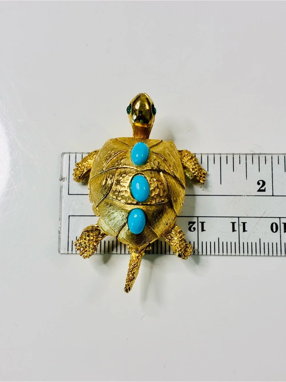 VTG PELL Gold-Tone Turtle Brooch with Turquoise Cabochons and Emerald Eyes EUC